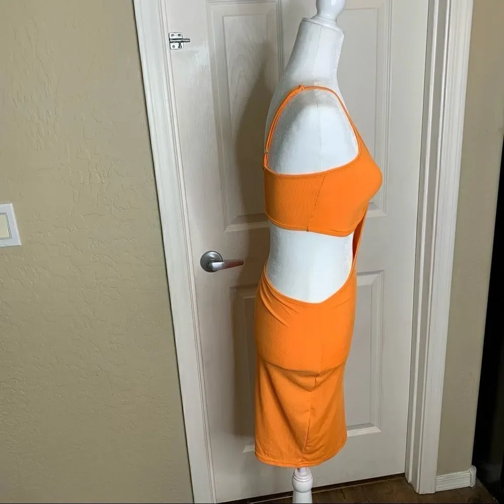 Shein Double Crazy Ruched Bust Cutout Bodycon Dress Size XS Orange